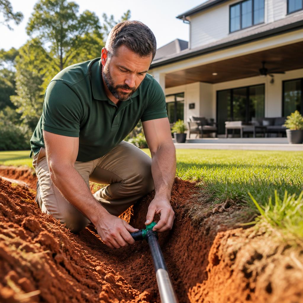 Michael Broschard digging a clean irrigation trench for a new sprinkler system