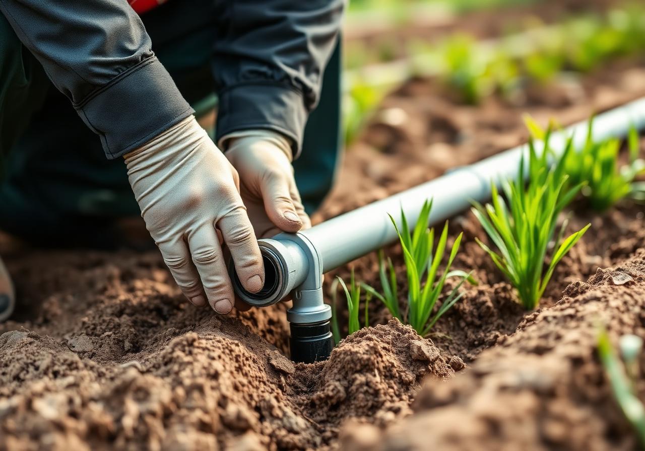 Technician installing irrigation pipe